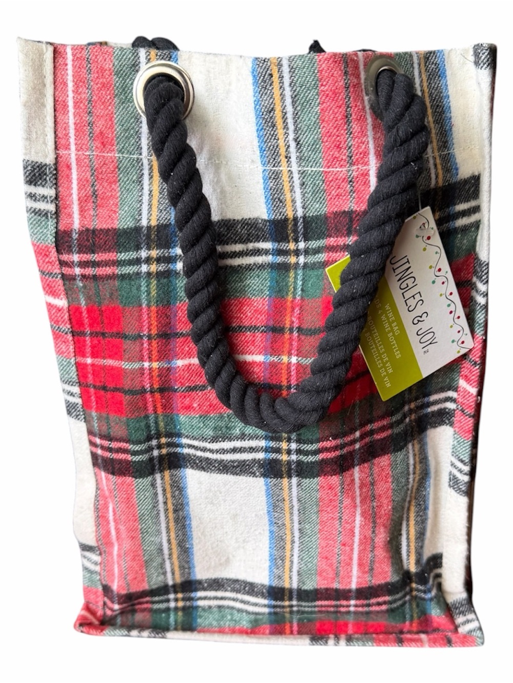 Jingle & Joy Red Plaid Wine Bottle Holiday Tote with Black Rope Handles NEW